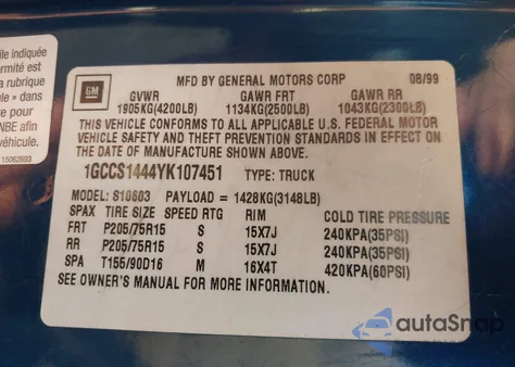 2000 Chevrolet S-10 Ls from USA, damaged, VIN 1GCCS1444YK107451